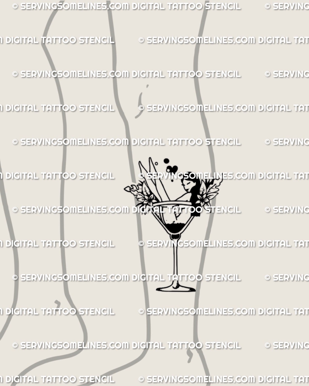 Digital stencil preview of the martini girl tattoo on the lower leg, vertical silhouette fitting the shin area with clean readable linework.
