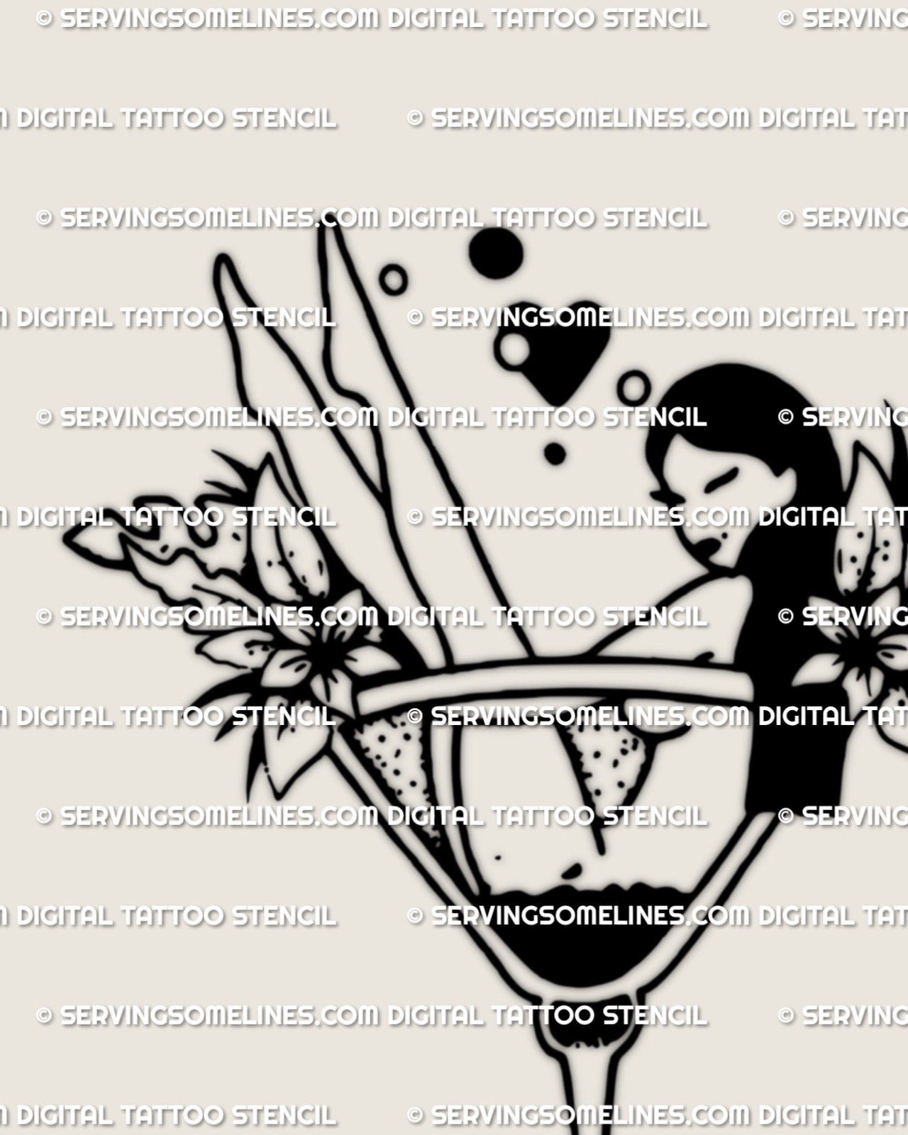 Digital stencil preview of the martini glass girl linework shown in full layout, clean minimalist outlines displayed clearly for easy tattoo artist transfer.