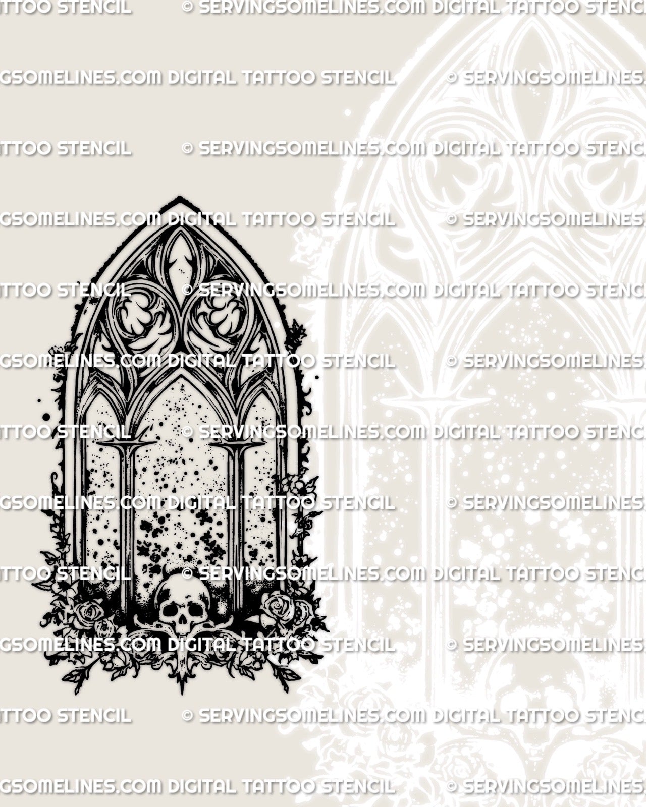 Masculine gothic cathedral skull tattoo stencil with architectural structure and skull centerpiece, optimized for chest, arm, or back placements