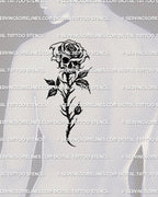 Masculine gothic skull rose tattoo stencil shown on a man’s shoulder, bold blackwork floral skull with strong contrast for a crisp and readable tattoo