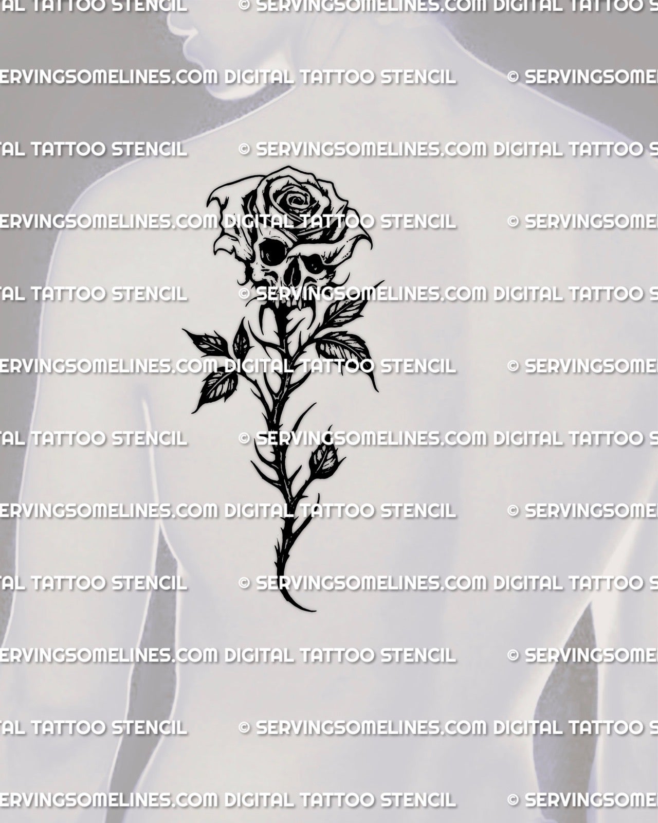Masculine gothic skull rose tattoo stencil shown on a man’s shoulder, bold blackwork floral skull with strong contrast for a crisp and readable tattoo
