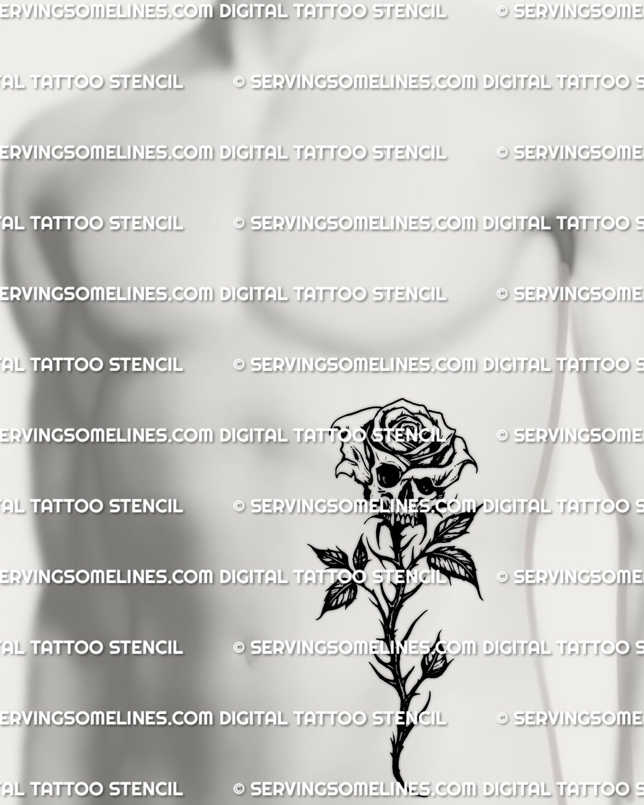 Masculine gothic skull rose tattoo stencil shown on a man’s side ribs, heavy blackwork style with dark floral skull detailing for a clean stencil transfer