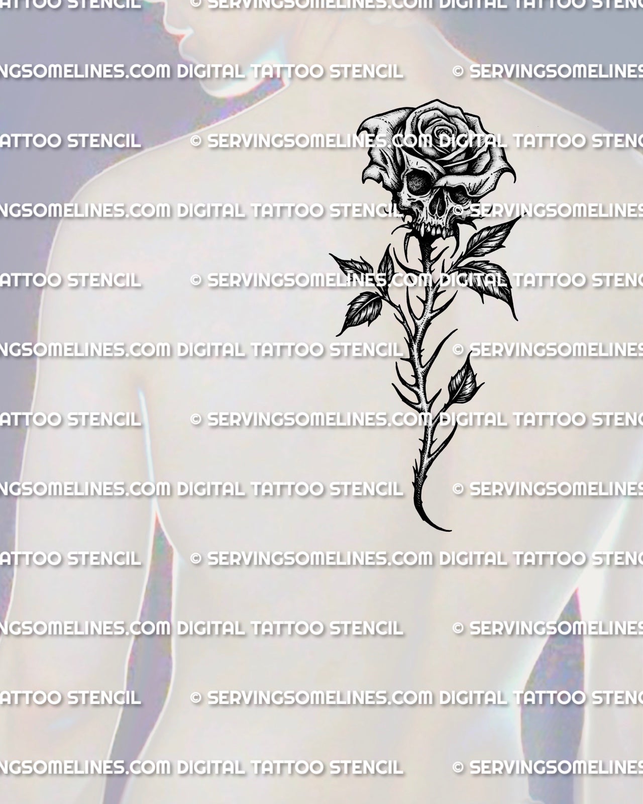 Masculine gothic skull rose tattoo stencil shown on a man’s upper back center, bold blackwork floral skull with strong contrast for a crisp and readable tattoo