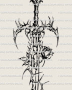 Masculine gothic sword tattoo stencil offered as a high resolution digital file, sharp thorn details made for buyers wanting gothic tattoos for men
