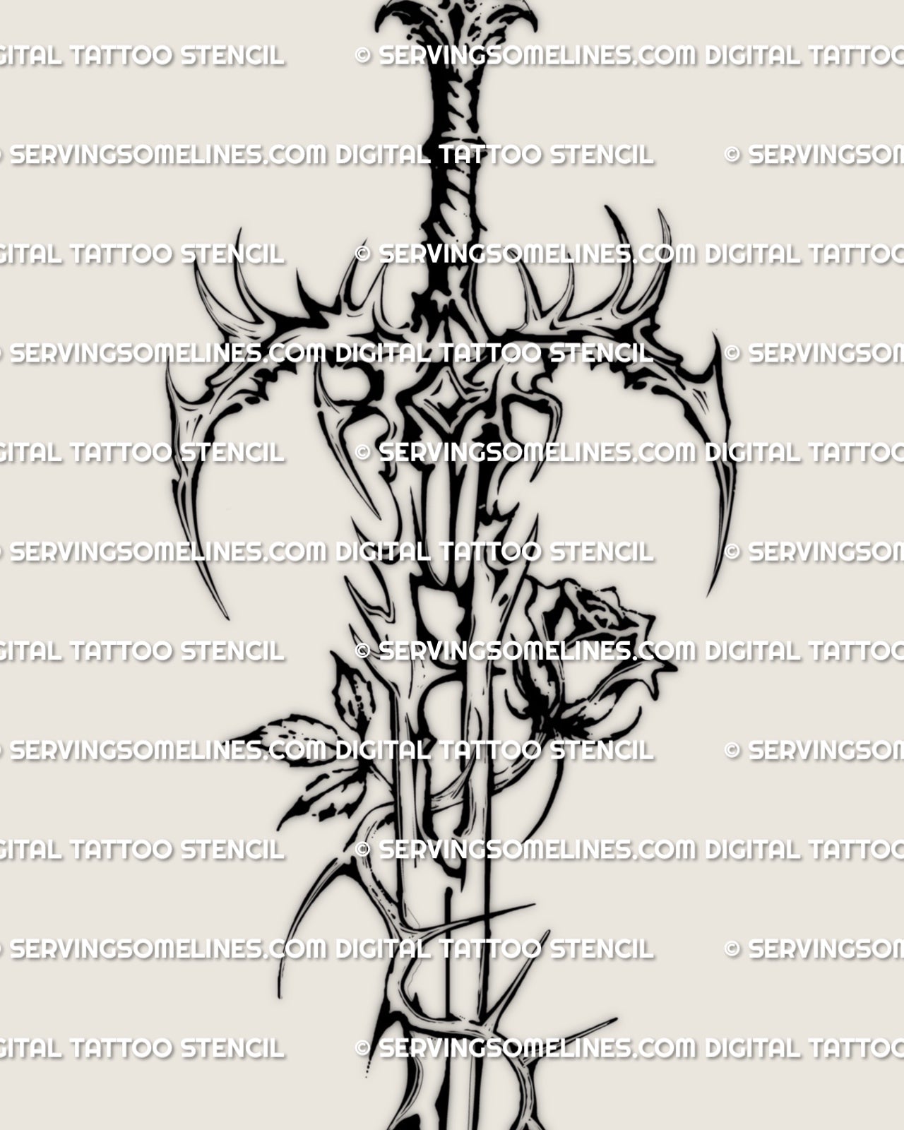 Masculine gothic sword tattoo stencil offered as a high resolution digital file, sharp thorn details made for buyers wanting gothic tattoos for men