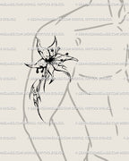 Cybersigilism flower tattoo idea for men on upper arm, gothic lily design in neotribal style showing strength and ritual cyber aesthetic.
