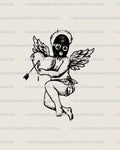 Masked baby angel tattoo stencil holding heart and arrow, small cherub line art digital download for alternative tattoo collectors. 