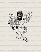 Masked cherub tattoo stencil holding roses, angelcore winged design in gentle linework—romantic, minimal, small to midsize.