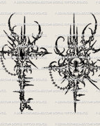 Matching lock and key tattoo stencil set in cybersigilism style, two separate designs shown together, instant download files.