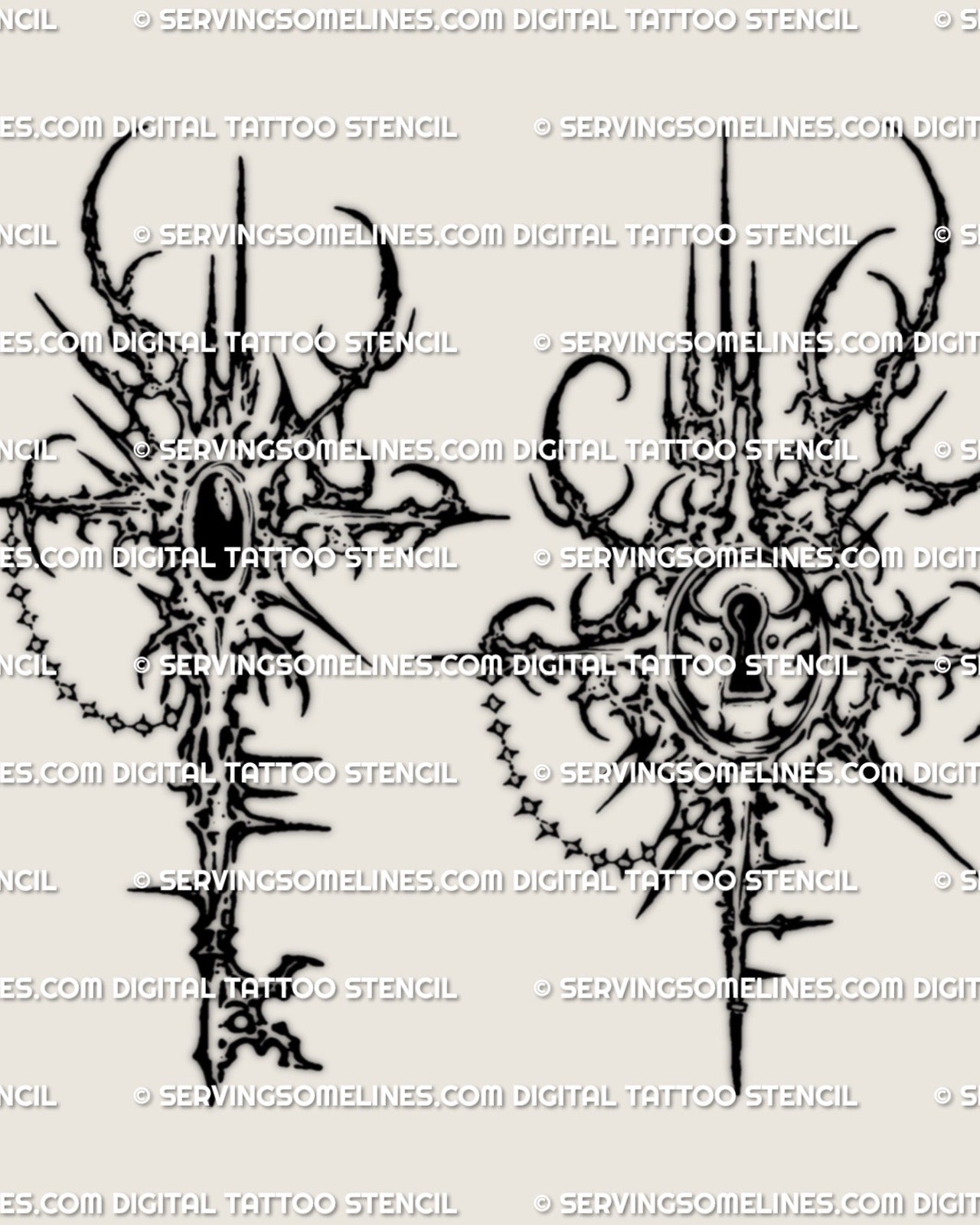 Matching lock and key tattoo stencil set in cybersigilism style, two separate designs shown together, instant download files.