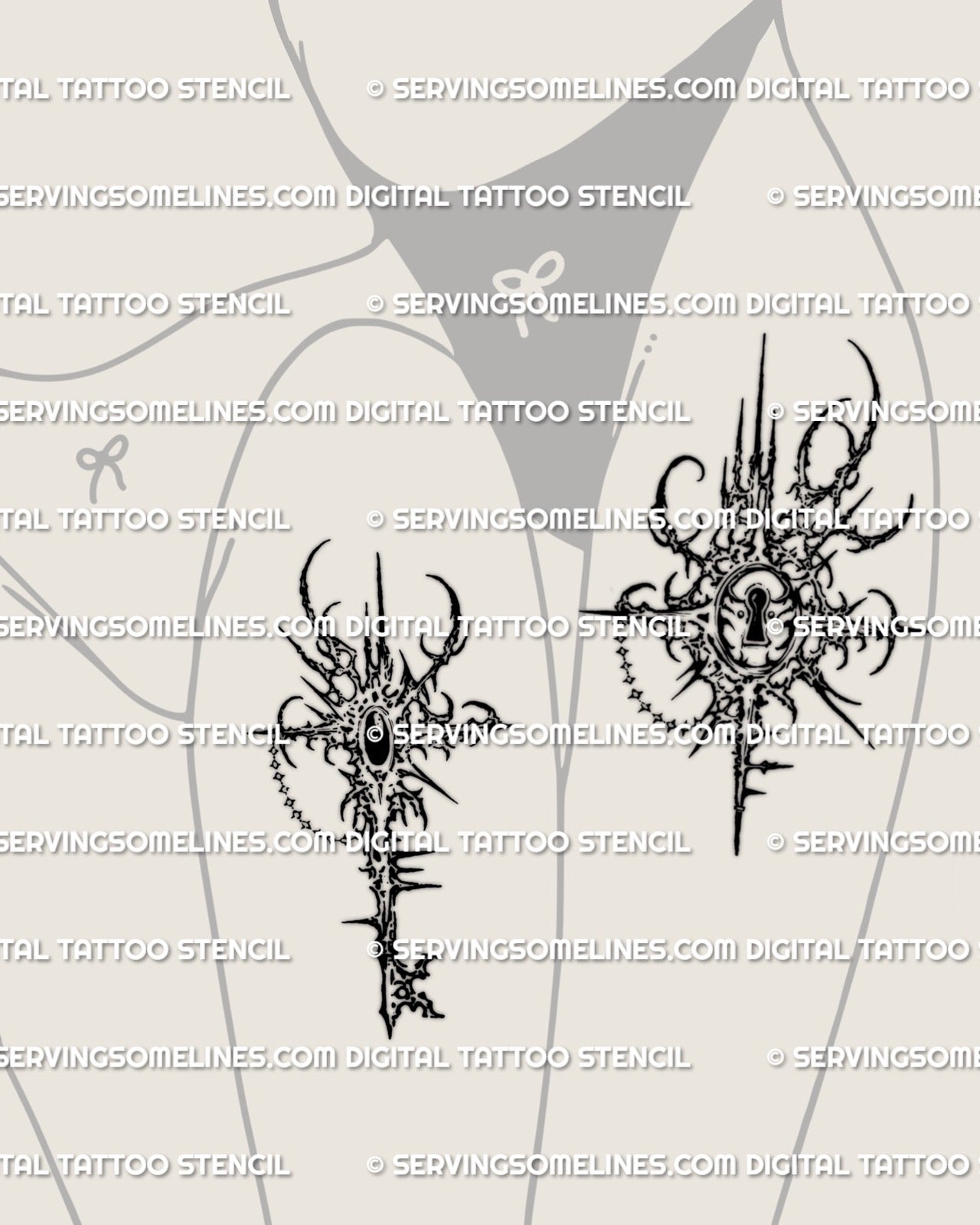 Matching lock and key tattoos shown on feminine thighs, couple or best friend pairing, cybersigilism cybertribal style.