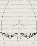 Matching neotribal heart thigh tattoos shown on the back of both thighs with mirrored tribal heart placement