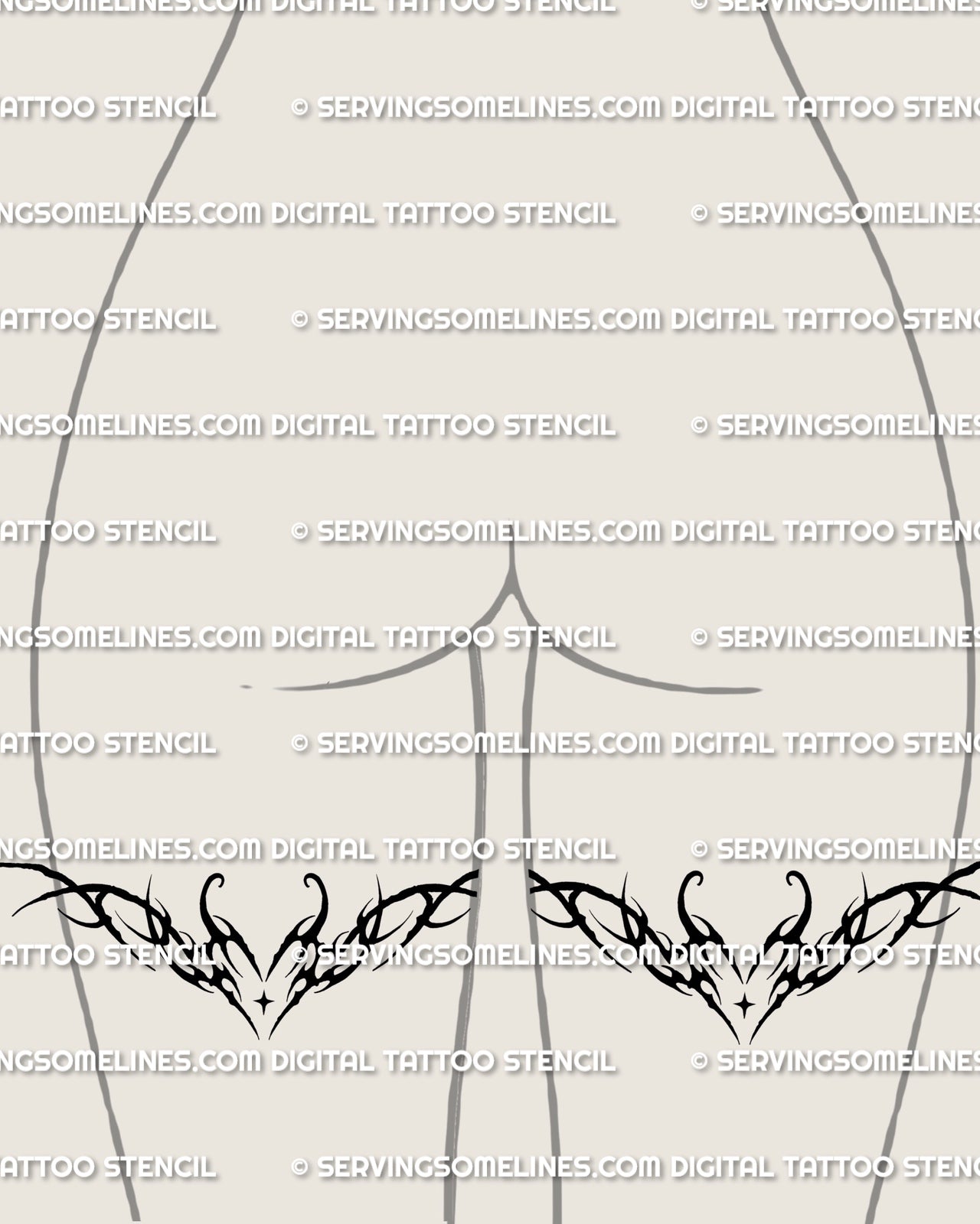 Matching neotribal heart thigh tattoos shown on the back of both thighs with mirrored tribal heart placement
