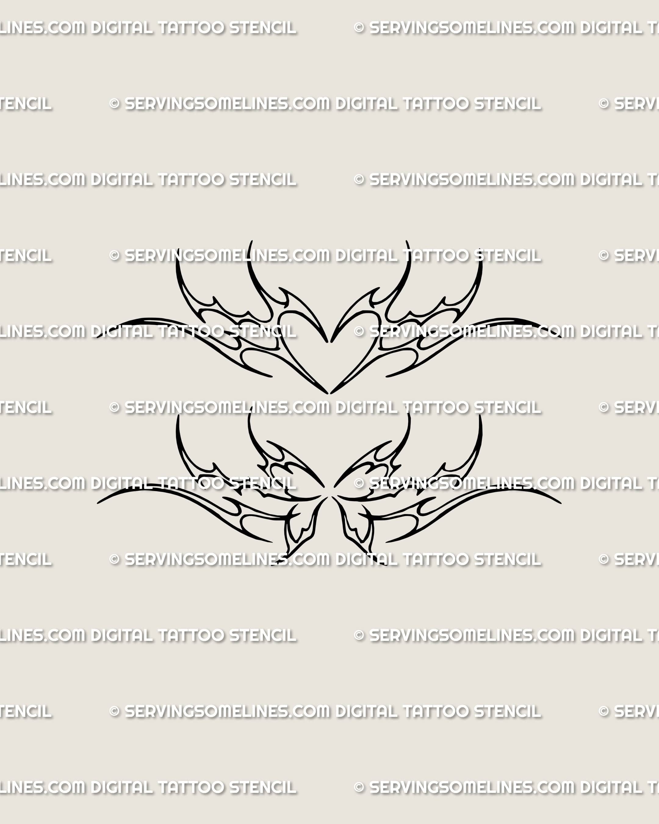 Full view of matching neotribal heart and butterfly cyber tribal tattoo stencils, gothic cybersigilism line art ready for instant download.