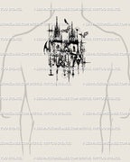 Gothic cathedral tattoo design shown on upper back center, medieval church cybersigilism blackwork tattoo for men.