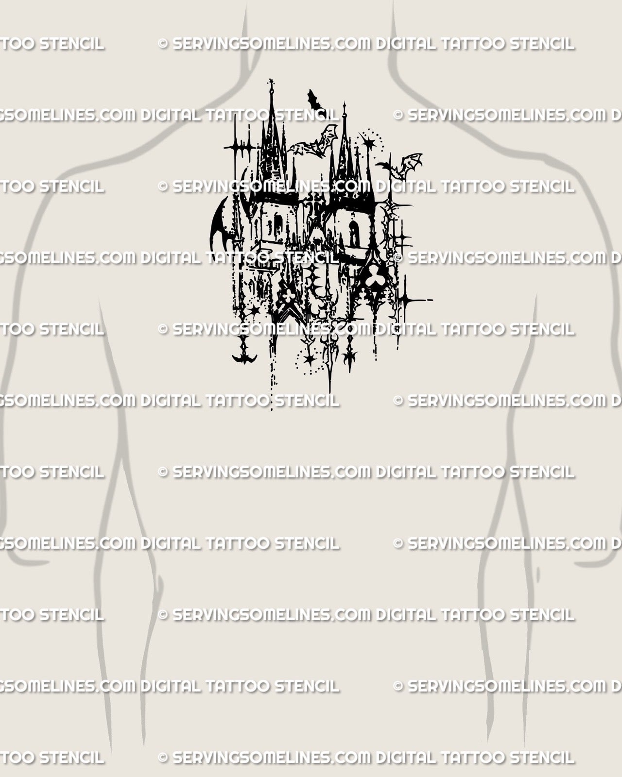 Gothic cathedral tattoo design shown on upper back center, medieval church cybersigilism blackwork tattoo for men.