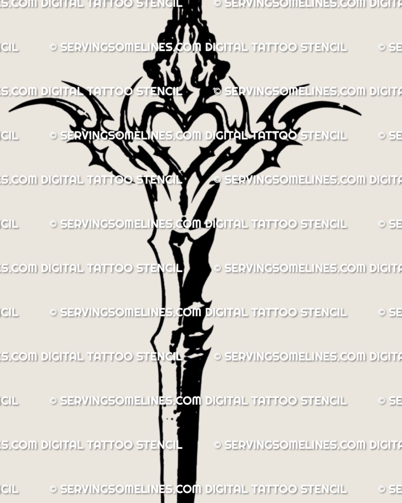 digital blackwork dagger with a gothic heart centerpiece and filigree detailing, displayed as a clean stencil sheet for artists planning body placements