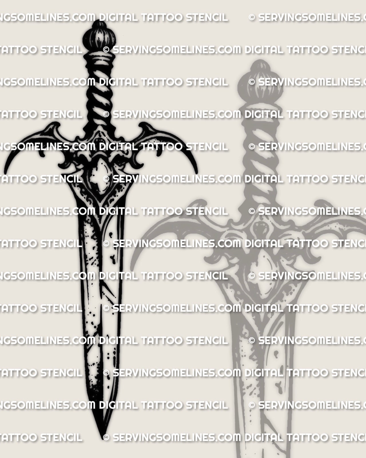 Medieval dagger tattoo design, simple dagger silhouette with classic crossguard, dagger tattoo stencil made for crisp resizing.