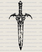 Medieval dagger tattoo stencil with period guard and straight blade, clean linework dagger tattoo stencil for sharp placement.