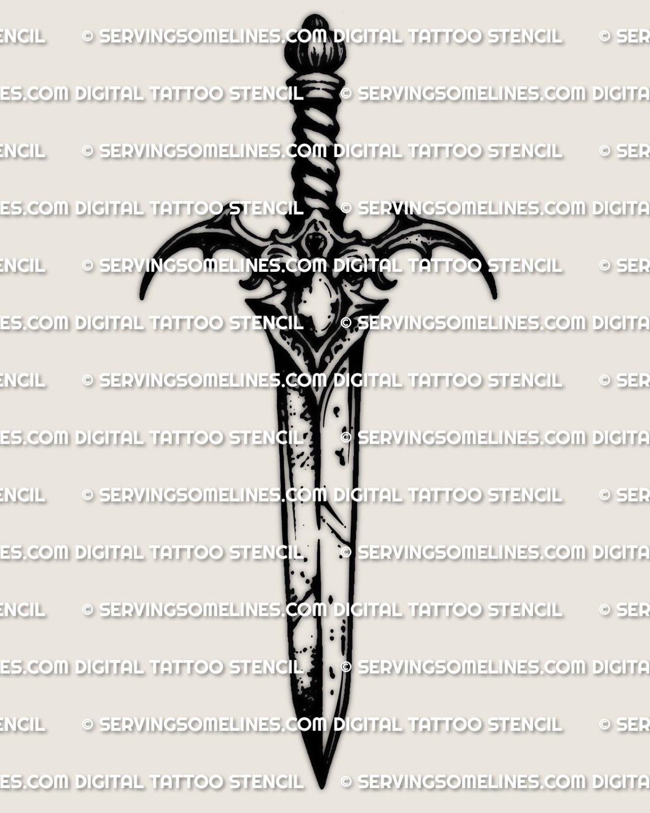 Medieval dagger tattoo stencil with period guard and straight blade, clean linework dagger tattoo stencil for sharp placement.