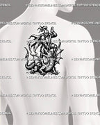 Medieval knight and dragon shoulder blade tattoo for men with spread wings, curling tail and downward sword action