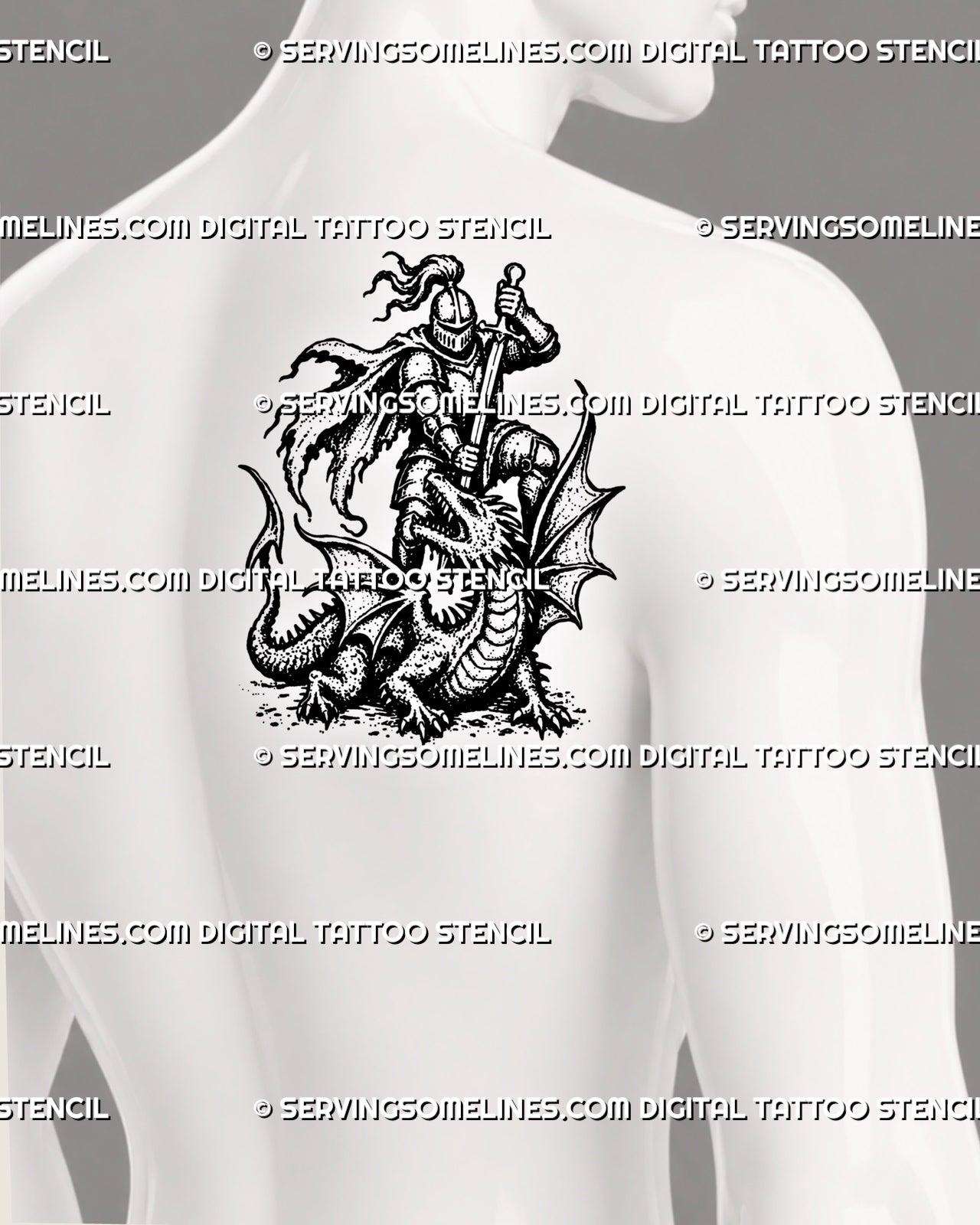 Medieval knight and dragon shoulder blade tattoo for men with spread wings, curling tail and downward sword action