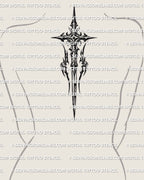 Medieval cross stencil file displayed on spine upper back placement, tall sword blade cross with pointed finials, dark gothic accent.