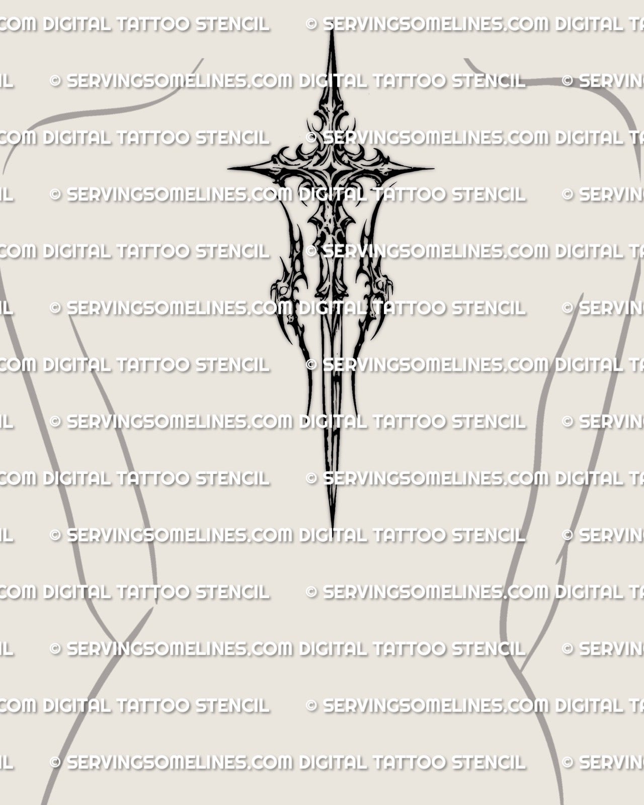 Medieval cross stencil file displayed on spine upper back placement, tall sword blade cross with pointed finials, dark gothic accent.