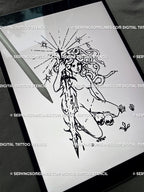 Medusa tattoo stencil shown on iPad, clean line art with coiling snakes and sword, gothic mythic design blending cyber-sigil rhythm.