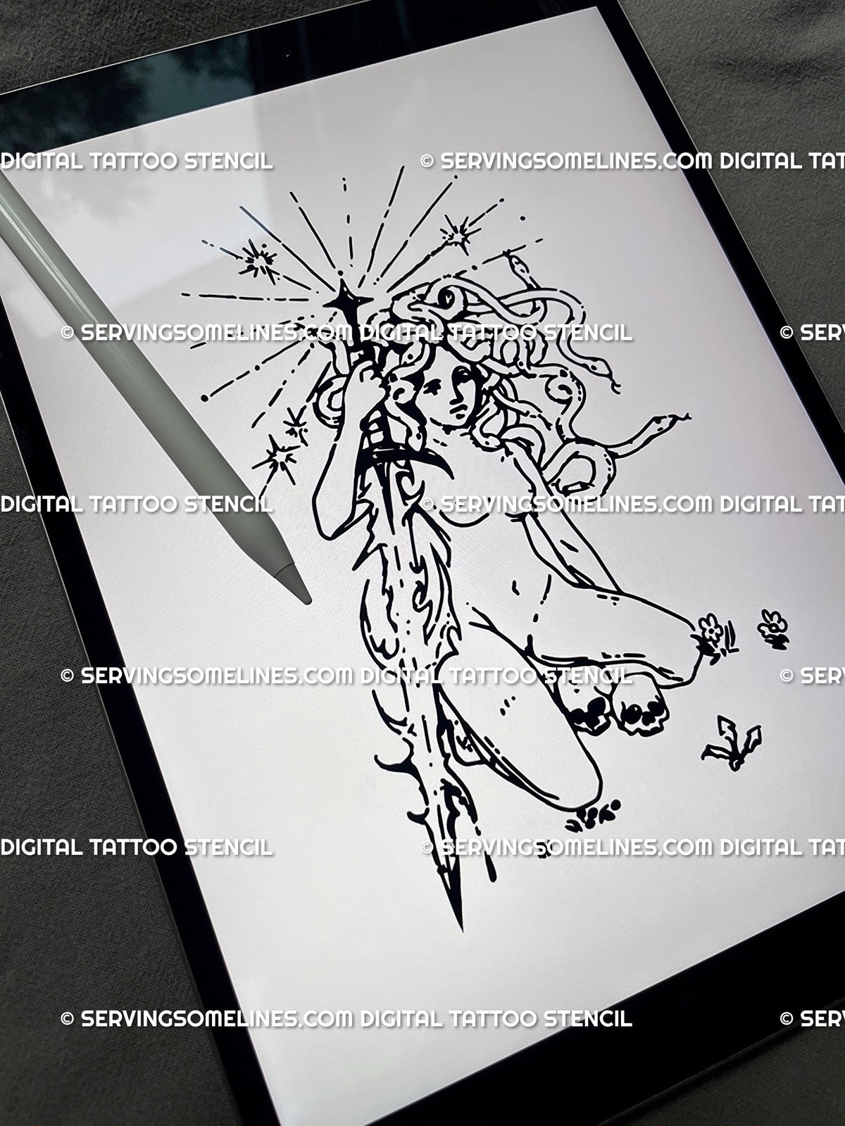 Medusa tattoo stencil shown on iPad, clean line art with coiling snakes and sword, gothic mythic design blending cyber-sigil rhythm.