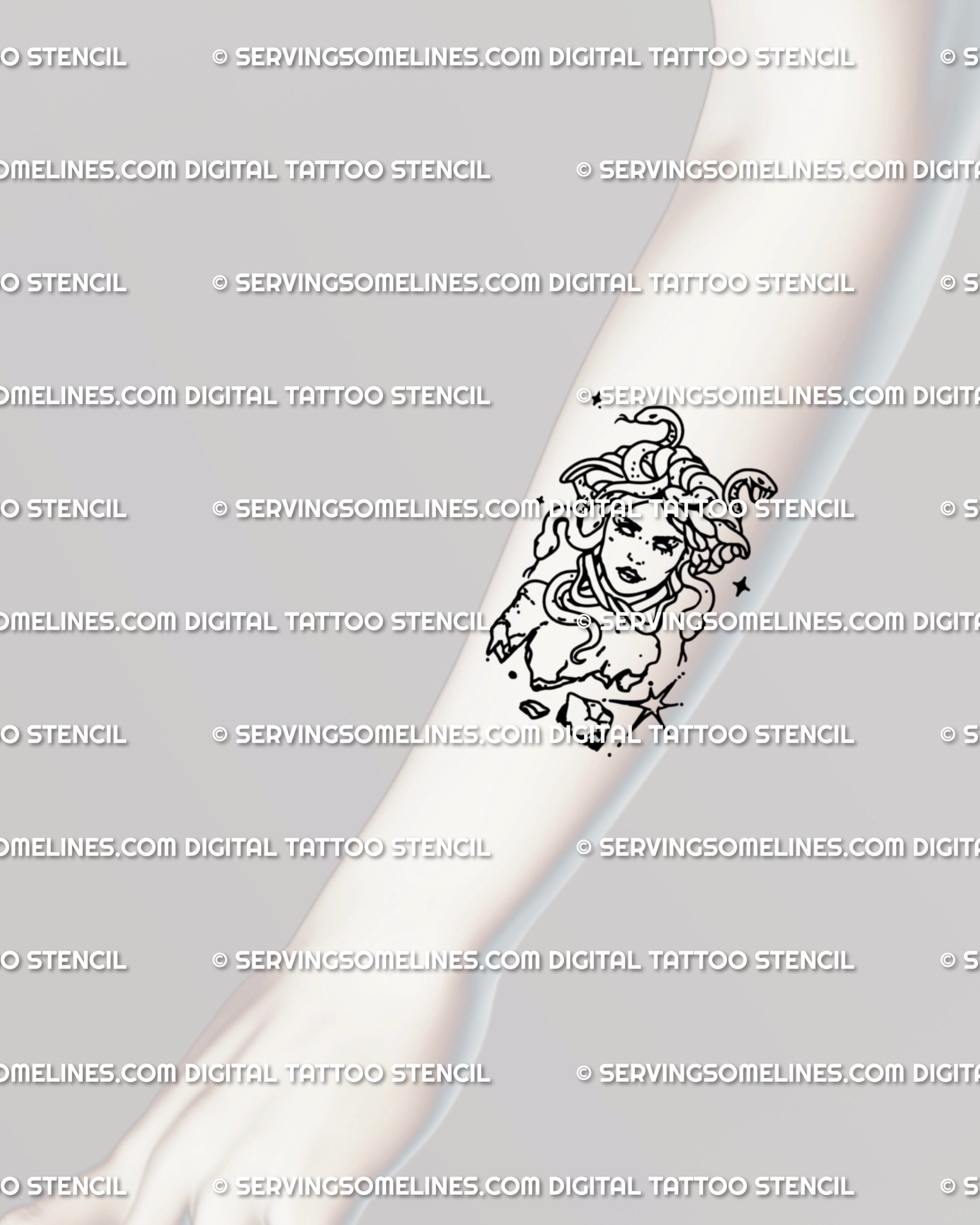 Simple Medusa sketch tattoo template adapted for forearm placement, combining snake hair crown and cracked statue symbolism in minimalist gothic style.