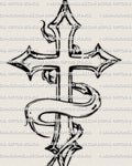 Memorial ribbon cross tattoo stencil, pointed gothic cross with flowing remembrance ribbon wrap, high contrast black line art.