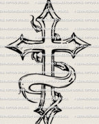 Memorial ribbon cross tattoo stencil, pointed gothic cross with flowing remembrance ribbon wrap, high contrast black line art.