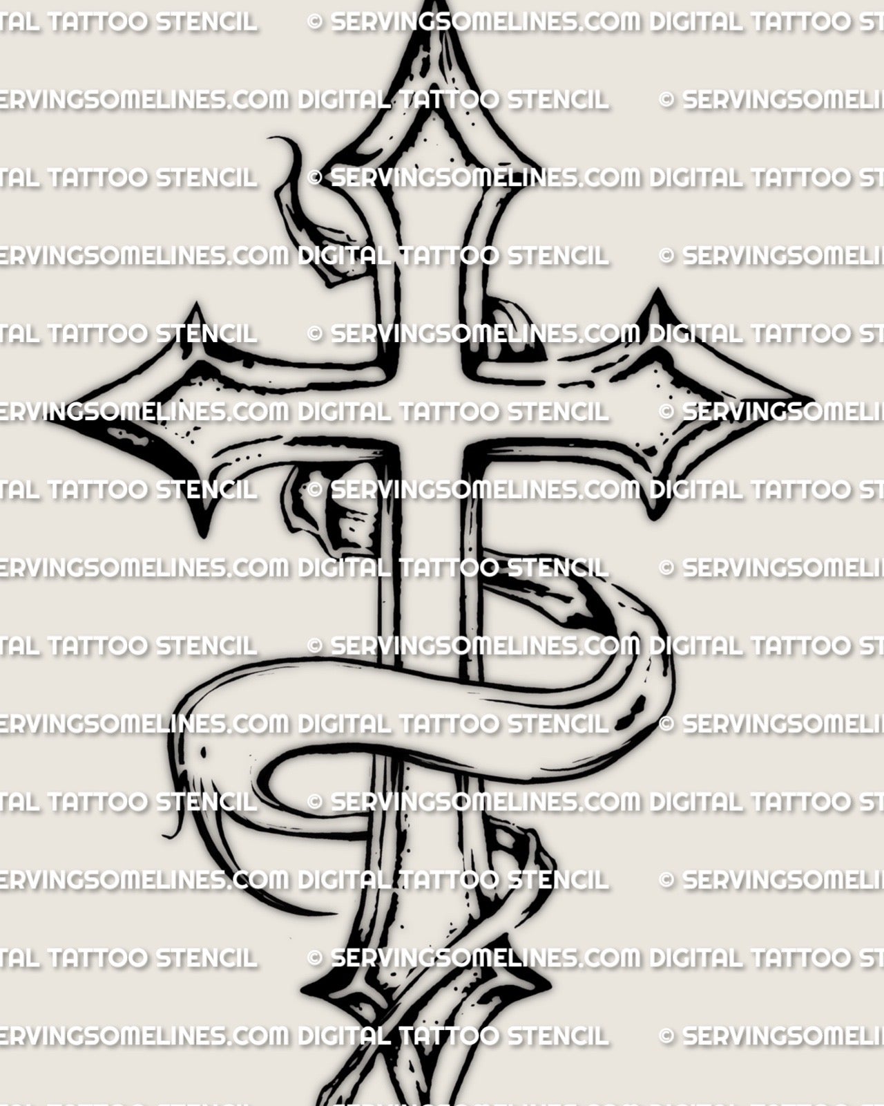 Memorial ribbon cross tattoo stencil, pointed gothic cross with flowing remembrance ribbon wrap, high contrast black line art.