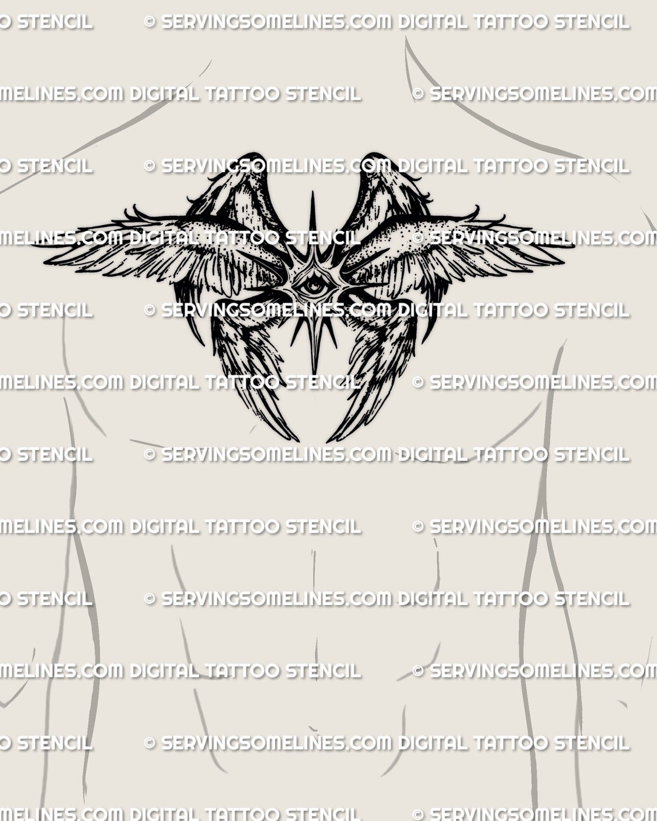 Men chest seraphim tattoo template shown at wearable scale, printable tattoo stencil created for biblical tattoos for men and balanced chest placement with strong visual authority
