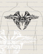 Men upper back seraphim angel tattoo stencil with all seeing eye and dark wings, printable digital tattoo design built for biblical tattoos for men and wide centered back placement
