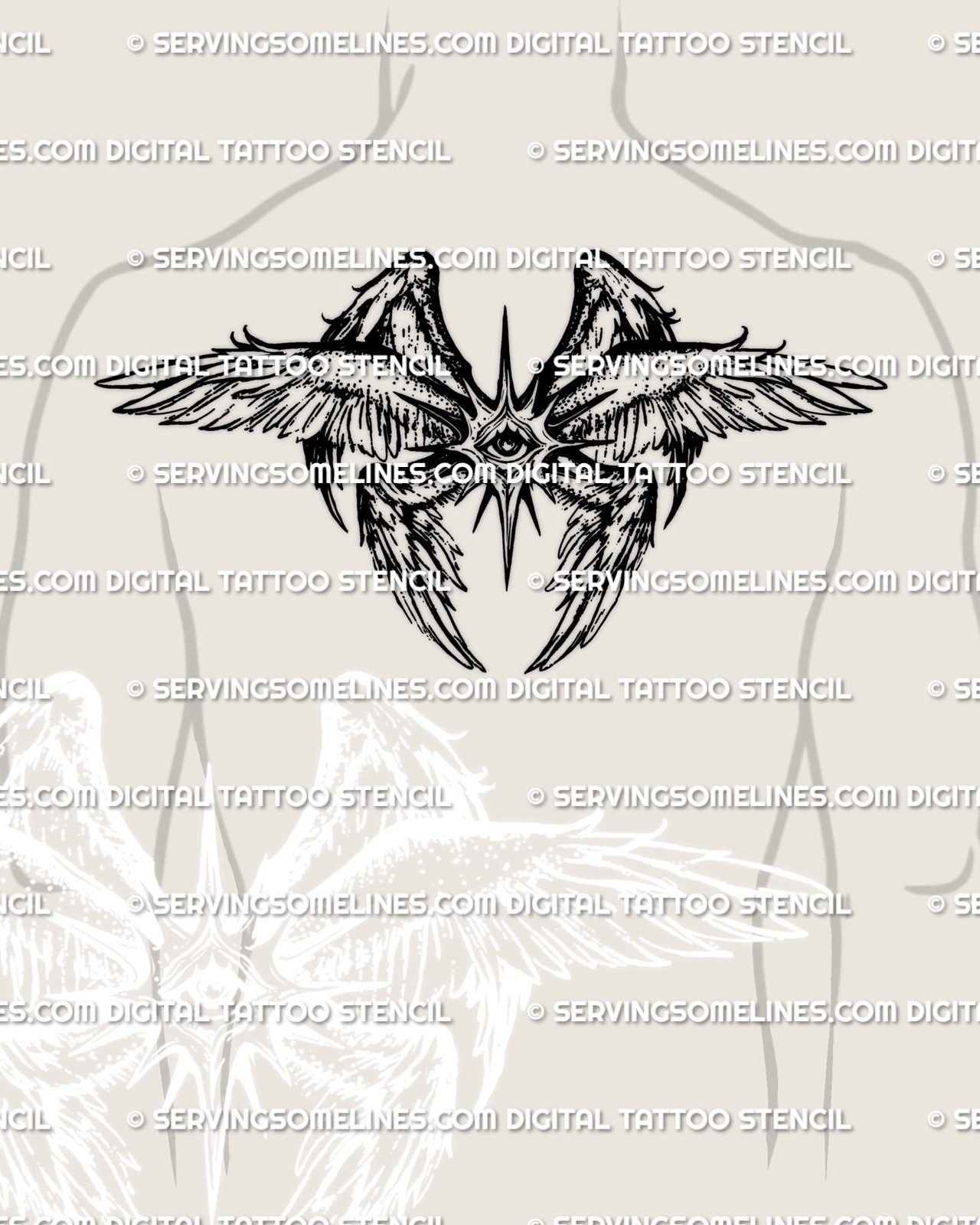 Men upper back seraphim angel tattoo stencil with all seeing eye and dark wings, printable digital tattoo design built for biblical tattoos for men and wide centered back placement

