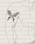 Men’s arm tattoo concept of abstract fluid butterfly linework, bold marble flow style showing minimalist cybersigilism wing design.