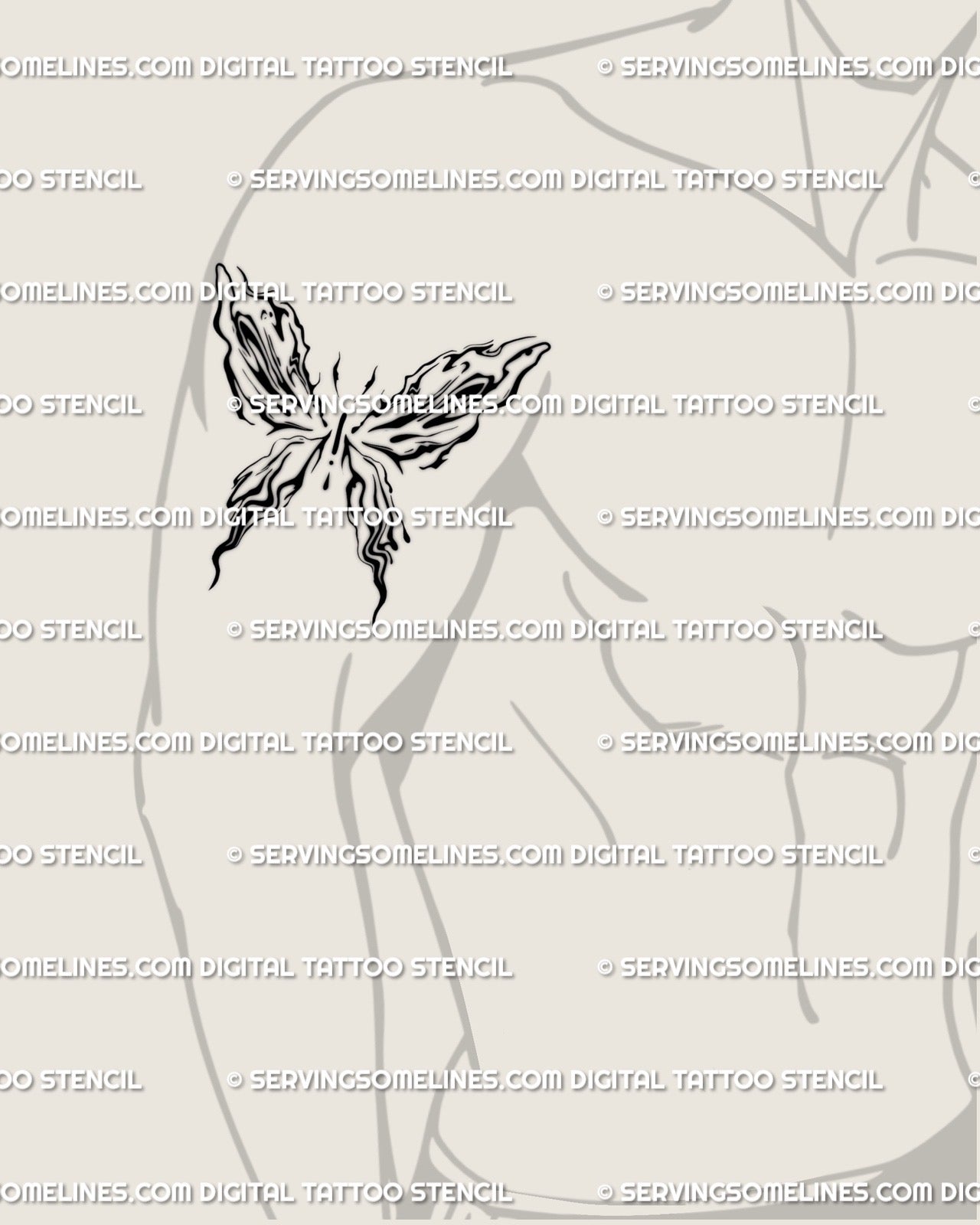 Men’s arm tattoo concept of abstract fluid butterfly linework, bold marble flow style showing minimalist cybersigilism wing design.