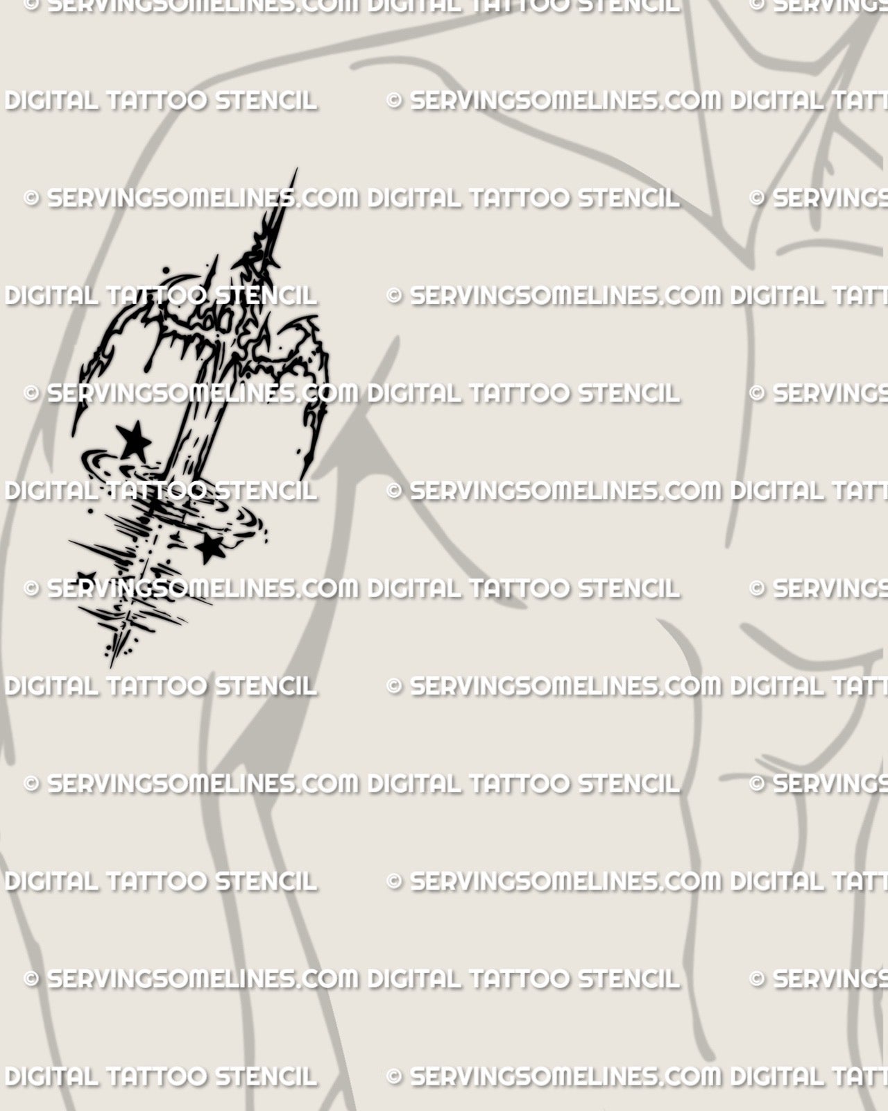 Abstract sword with flowing water elements displayed on a man’s arm as a simple digital stencil made for crisp linework placements
