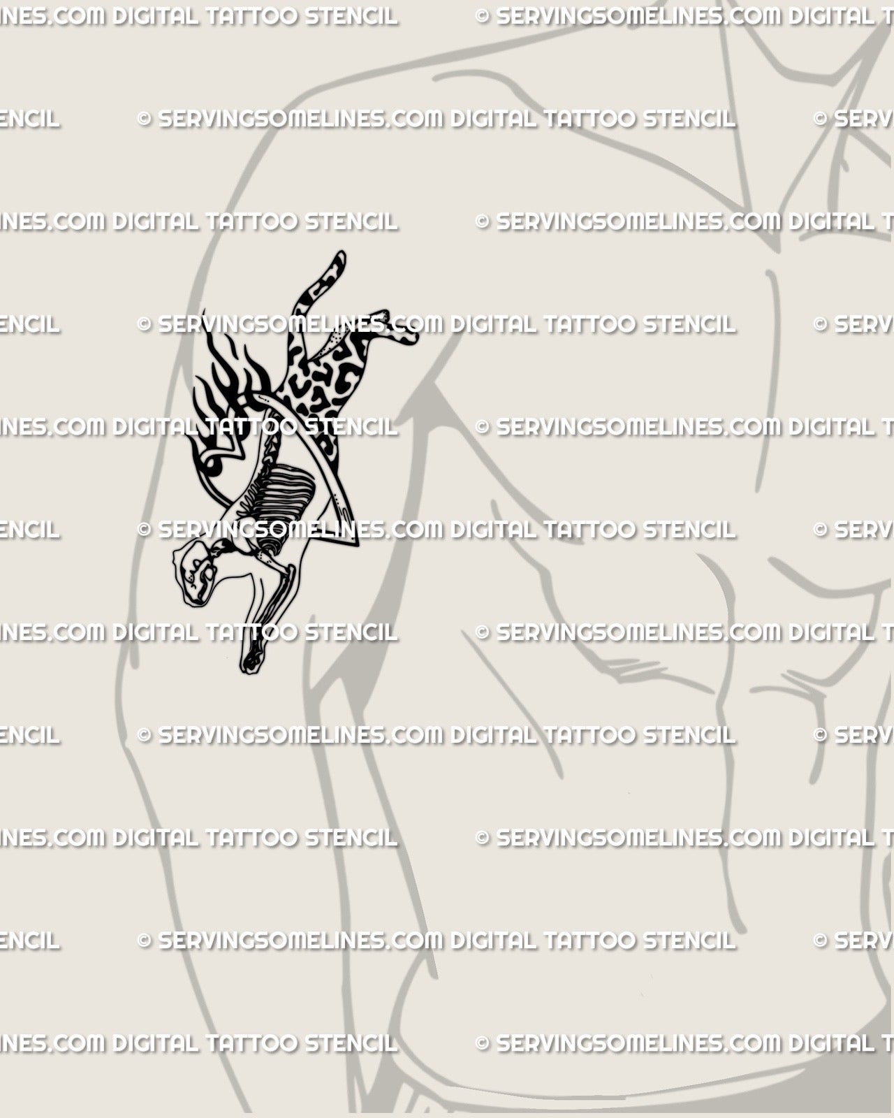 Flaming cheetah skeleton tattoo stencil for men’s arm, surreal weirdcore cat design with gothic leopard print accents and fire detail. 