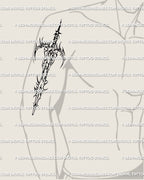 Cyber sword tattoo displayed on men’s arm placement, gothic fantasy blade with tribal spiked symmetry and sharp neotribal detailing.