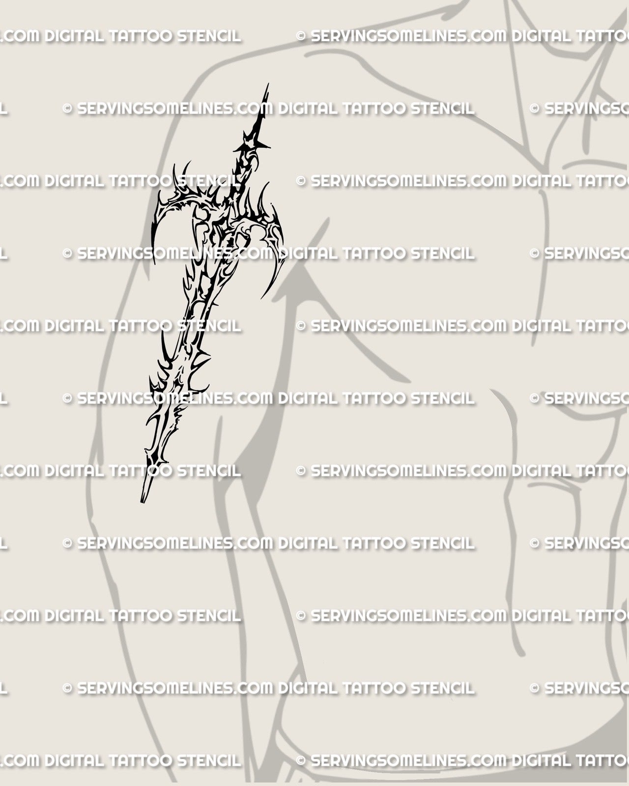 Cyber sword tattoo displayed on men’s arm placement, gothic fantasy blade with tribal spiked symmetry and sharp neotribal detailing.