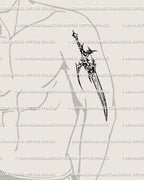 Cybersigilism blade tattoo shown on men’s arm placement, black tribal dagger lines forming futuristic gothic knife silhouette.