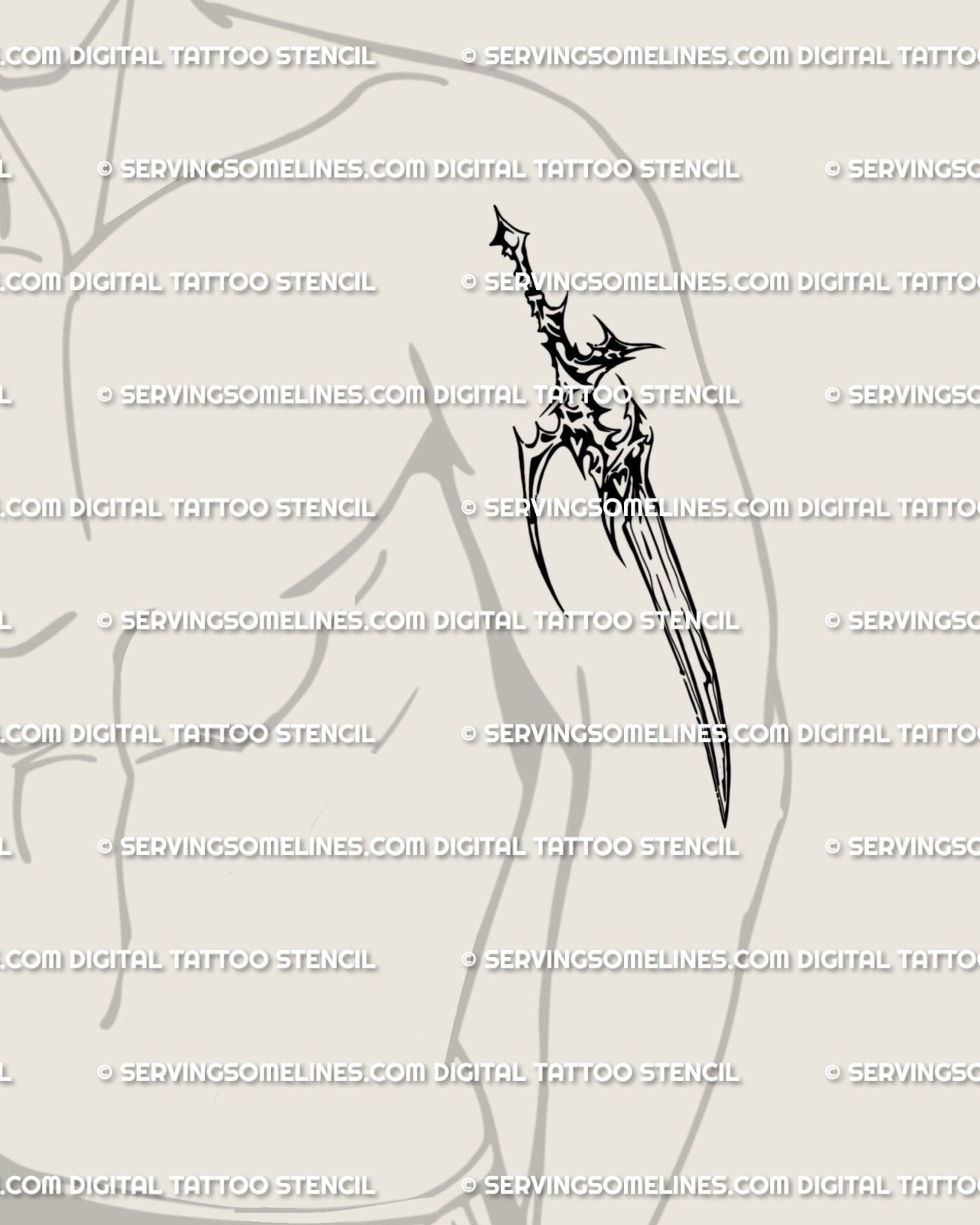 Cybersigilism blade tattoo shown on men’s arm placement, black tribal dagger lines forming futuristic gothic knife silhouette.