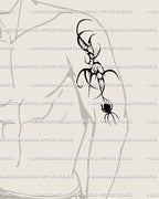 Black widow tribal tattoo design shown on men’s arm-shoulder placement, bold spider linework with gothic web symmetry.