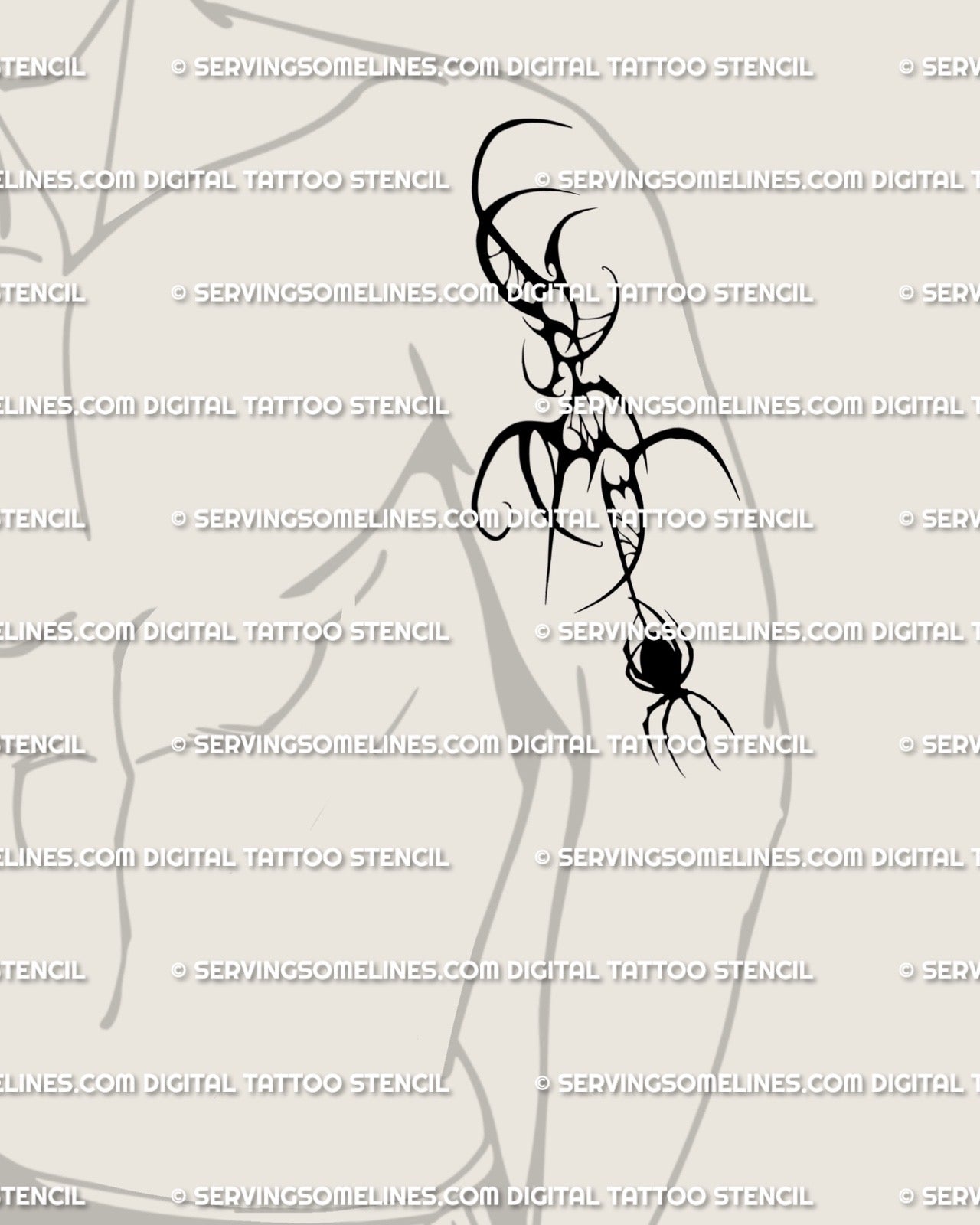 Black widow tribal tattoo design shown on men’s arm-shoulder placement, bold spider linework with gothic web symmetry.