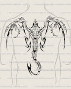 Men’s backpiece dragon tattoo design in cyber-tribal style, full wingspan cybersigilism lines with bold symmetry and sharp gothic edges.
