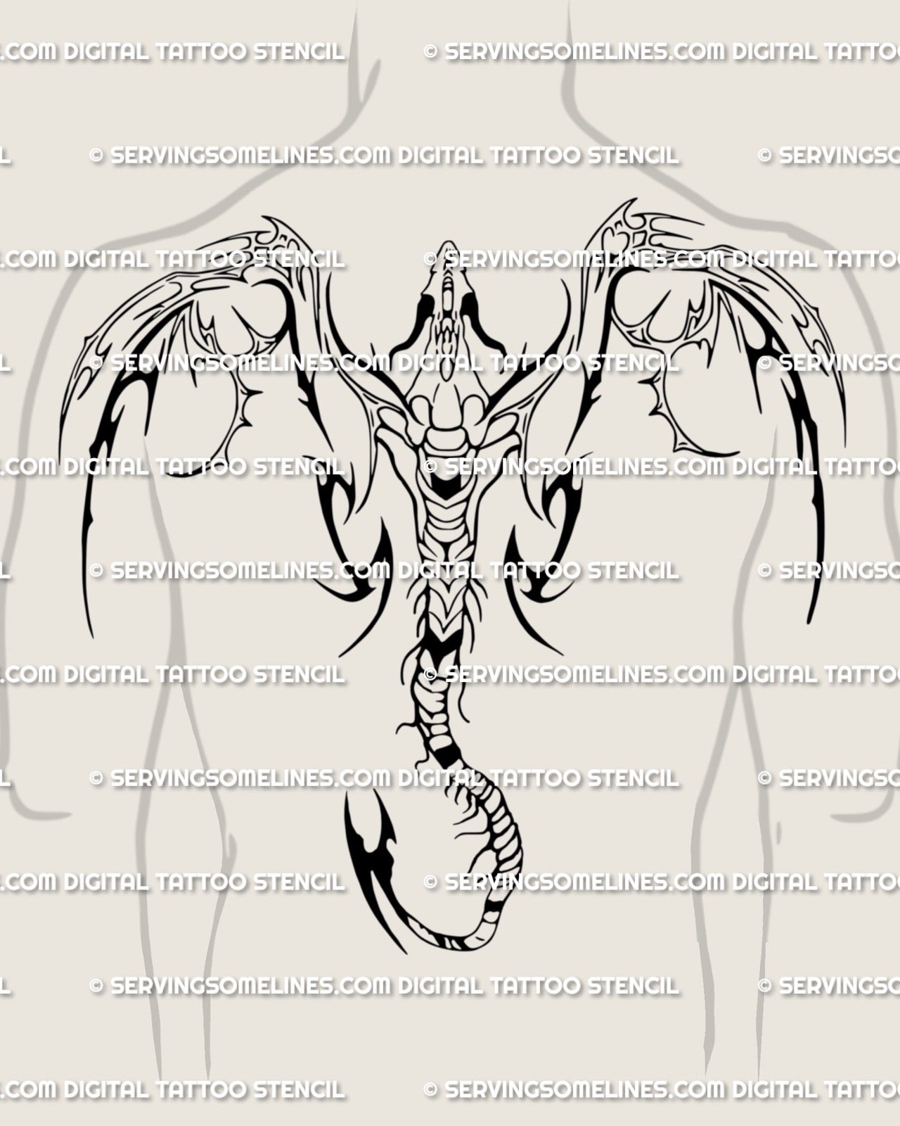 Men’s backpiece dragon tattoo design in cyber-tribal style, full wingspan cybersigilism lines with bold symmetry and sharp gothic edges.