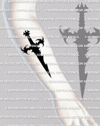 Black dagger tattoo stencil shown on forearm placement example, solid black dagger silhouette with spiked guard, vertical layout.